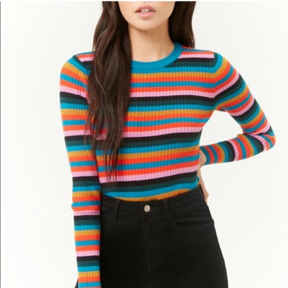 Multicolored Striped Ribbed Cropped Pullover Crewneck Long Sleeve - Medium - Picture 2 of 8